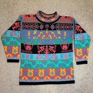 VINTAGE Radishes & Roses‎ Geometric Acrylic Knit Sweater Medium 10-12 Colorful